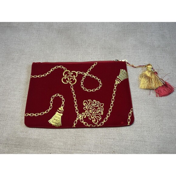 Shiraleah Chicago Clutch Bag Womens Red Velvet Zip Pouch Tassel Gold Embroidery - Picture 1 of 6